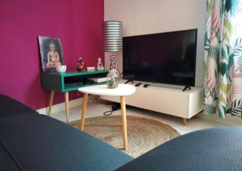 a living room with a large television and a table at Le cocon zen in Voiron