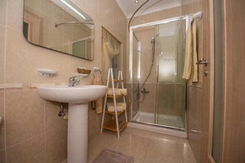 uma casa de banho com um lavatório e um chuveiro em Francis Flats Modern Penthouse em Mellieħa