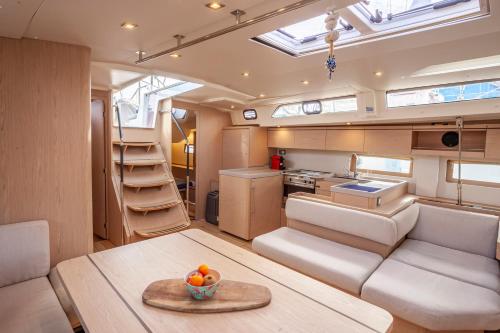 a kitchen and living room of a boat at Yacht Psari in Thessaloniki