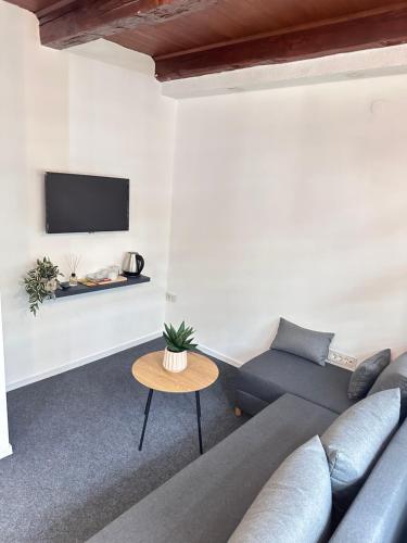 a living room with a couch and a tv on a wall at Royal Moon Suites in Sarajevo