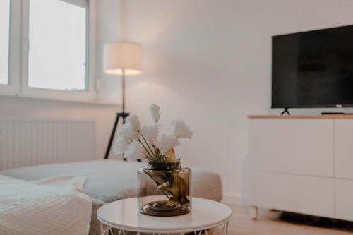 Televízia a/alebo spoločenská miestnosť v ubytovaní Apartment mit Küche, Arbeitsplatz und XXL Sofa