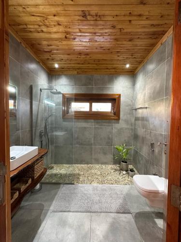 a bathroom with a shower and a sink and a toilet at Jumba paradise in Mtwapa