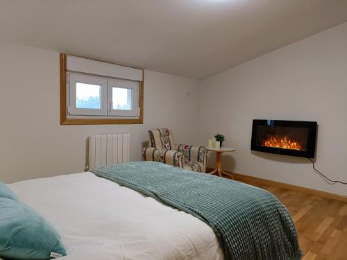 a bedroom with a bed and a tv on the wall at Anduriña in Monforte de Lemos
