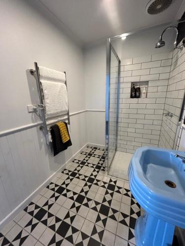 a bathroom with a shower and a blue sink at Rainy Hill Retreat - The Cottage in Cockatoo