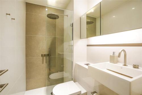 a bathroom with a toilet and a sink and a shower at Mayfair Pied de Tier sleeps 6ppl in London