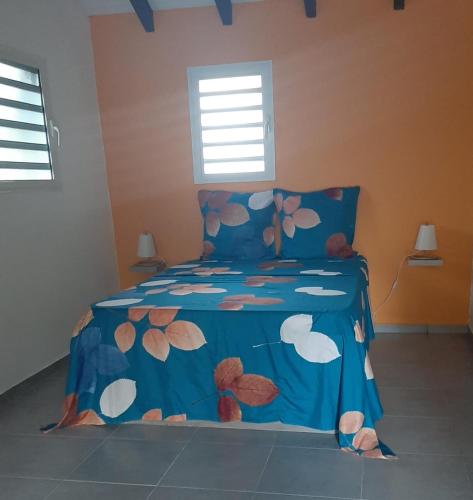 a bedroom with a bed with a blue comforter at Zabriko delair in Sainte-Anne