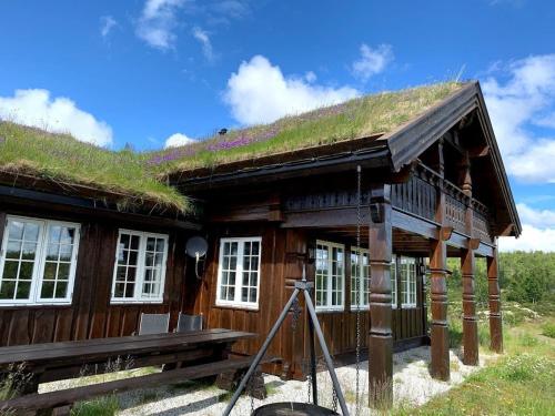 a log house with a grass roof with a bench in front at Bjørnebuhytten, Geilo, 13 sengeplasser med privat Jacuzzi og el-bil-lading in Geilo