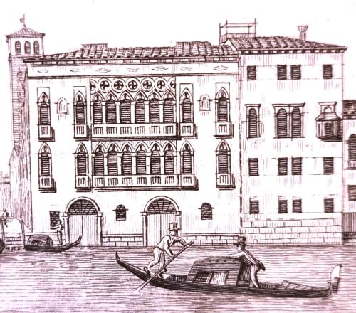 eine Zeichnung eines Mannes in einem Boot vor einem Gebäude in der Unterkunft MorosiniBrandolinVenice in Venedig