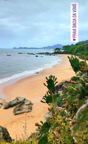 a beach with rocks and plants on the shore at Chalés do Parque Hospedagem in Penha