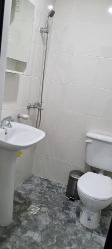 ein weißes Bad mit einem WC und einem Waschbecken in der Unterkunft El jacaranda Alojamiento Diario in San Luis