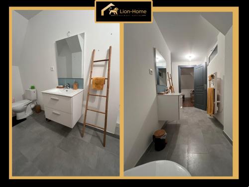 two pictures of a bathroom with a sink and a toilet at En plein cœur du village Appartement lionceau in Riquewihr