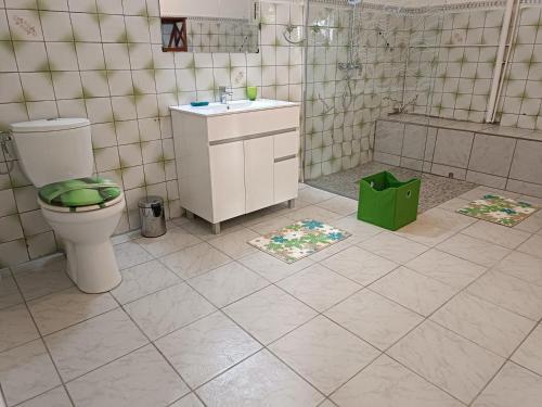 uma casa de banho com um WC, um chuveiro e um lavatório. em Bas de villa Aka Cecette em Petit-Bourg