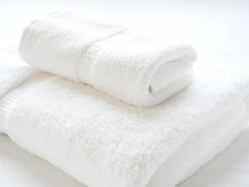 duas toalhas brancas empilhadas uma em cima da outra em Hotel Villa Fontaine Tokyo-Otemachi em Tóquio