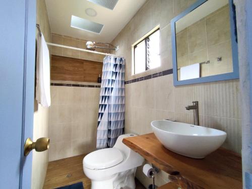 W łazience znajduje się umywalka, toaleta i lustro. w obiekcie Casa Cielo en Paipa Centro w mieście Paipa