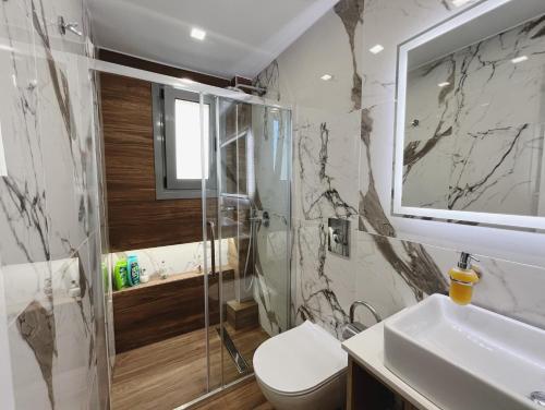 a bathroom with a shower and a toilet and a sink at BlueLine apartment 1 in Loutraki