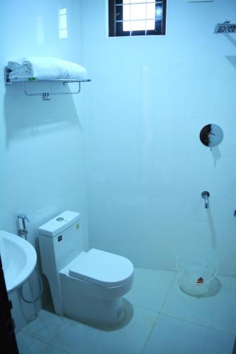a bathroom with a white toilet and a sink at NEW MOUNT RESIDENCY in Sultan Bathery