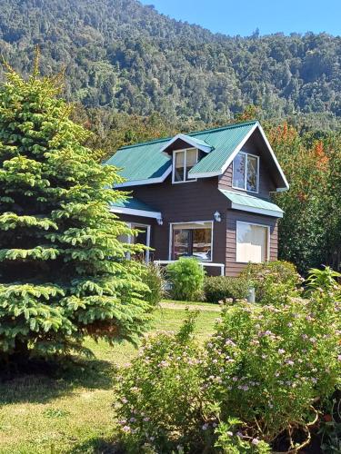 a house with a green roof and a tree at Refugio y tinajas Vientos del lago in Los Riscos
