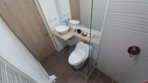 a small bathroom with a toilet and a sink at Apartamento en Ricaurte para descansar y disfrutar in Ricaurte