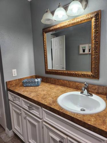 uma casa de banho com um lavatório e um espelho em Blue Shark *E1* @ Midtown Large 1BR King Suite em Houston