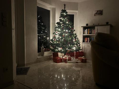 a christmas tree in a living room with presents at Villa Hardegsen in Hardegsen