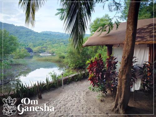 a house with a palm tree next to a river at Om Ganesha in Palolem