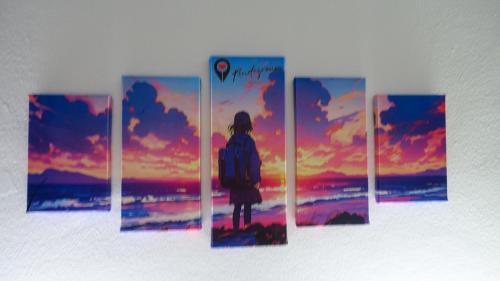 a group of paintings of a person standing on the beach at The Rendezvous Fullmoon Hostel in Haad Rin