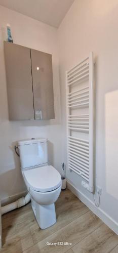 une salle de bain avec des toilettes blanches et une fenêtre dans l'établissement HOME ET HOLIDAY Le Petit Manseng, à Nice