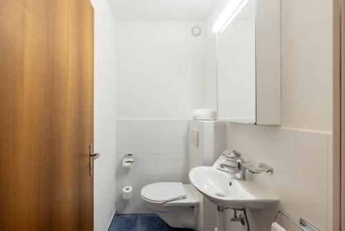 een witte badkamer met een wastafel en een toilet bij Brentsch A23 in Scuol