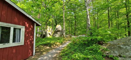 a dirt trail next to a red house in the woods at Långasjönäs Camping & Stugby in Karlshamn