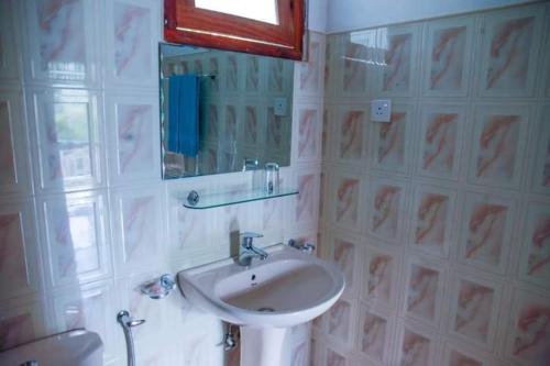 a bathroom with a sink and a mirror at Singheraja Lodge in Deniyaya