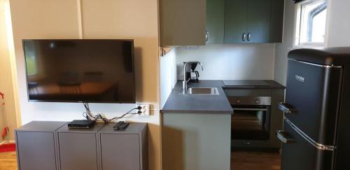 a small kitchen with a black refrigerator and a sink at Långasjönäs Camping & Stugby in Karlshamn