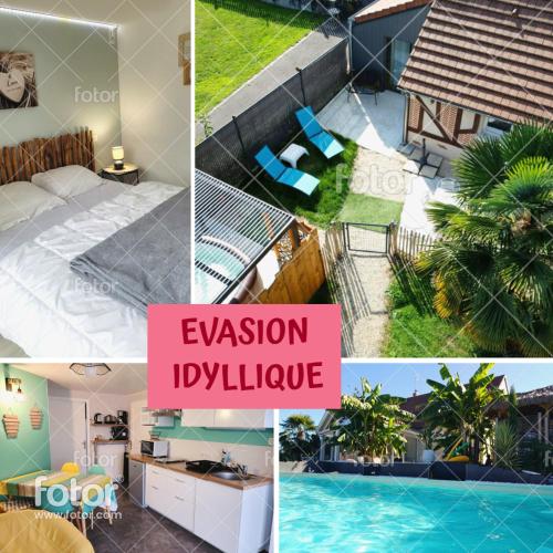 un collage de photos d'une maison et d'une piscine dans l'établissement Gîte Évasion idyllique, à Faverolles-sur-Cher