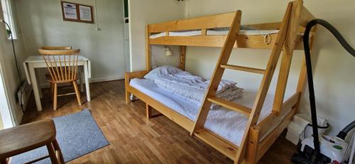 a room with two bunk beds and a desk at Långasjönäs Camping & Stugby in Karlshamn