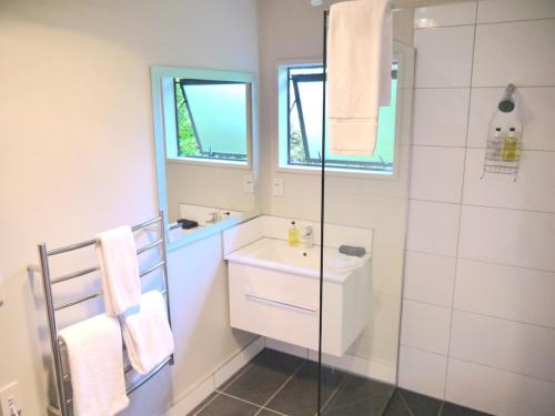 een badkamer met een wastafel en een glazen douche bij Central & Relaxing in Franz Josef
