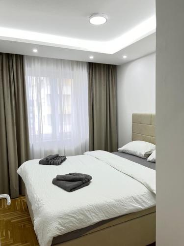 um quarto com uma cama com toalhas em Central Lakeview Apartment, East Sarajevo em Lukavica