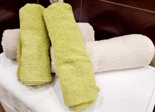 two green towels sitting on top of a box at Przytulny na Winnicy z widokiem na Wisłę in Toruń