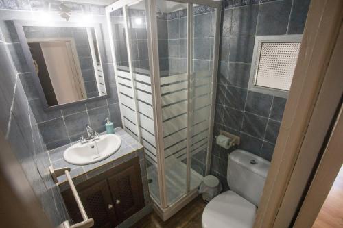 La salle de bains est pourvue d'un lavabo, de toilettes et d'une douche. dans l'établissement EL CUARTO LA GITANA, à Jimena de la Frontera