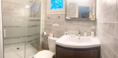 ein Bad mit einem WC, einem Waschbecken und einer Dusche in der Unterkunft La Petite Vernoelle in Prémilhat