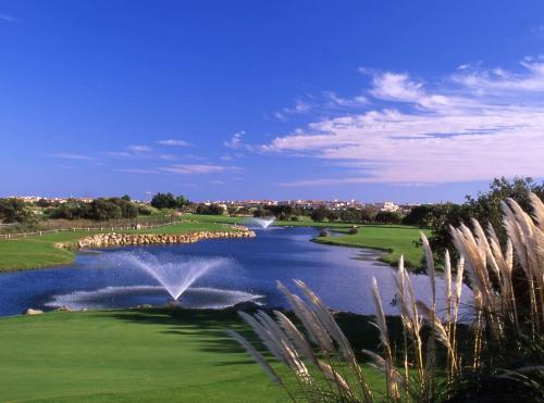 a pond with a fountain on a golf course at Appartement standing vue étang de Thau in Marseillan