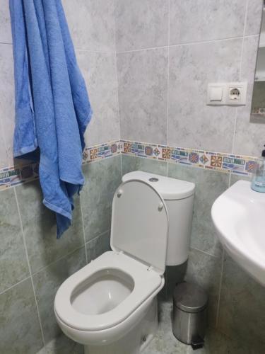 a bathroom with a toilet and a sink and a blue towel at Habitación doble en Salceda de Caselas in Parderrubias