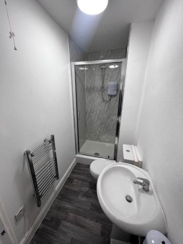 a bathroom with a toilet and a sink and a shower at Serendipity By Habitat101 in Middlesbrough