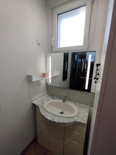 une salle de bain avec un lavabo et une fenêtre dans l'établissement Chez Steph et Angie, à Londinières