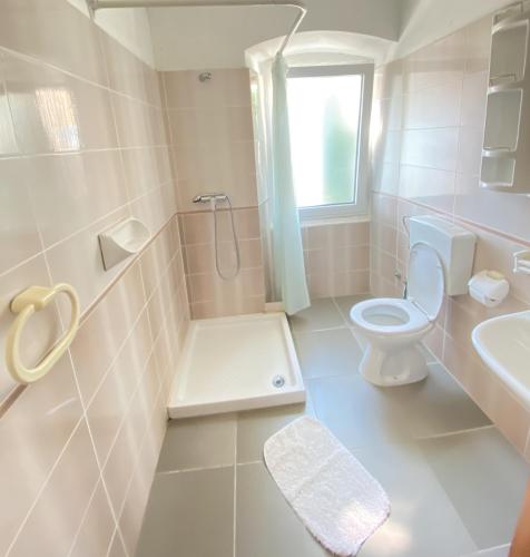 a white bathroom with a toilet and a sink at Villa Angiolina in Višnjan