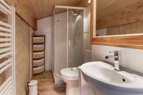 a bathroom with a toilet and a sink and a shower at Clos des Vorgeats - Duplex Beside Golf Course - Patio - UTMB in Chamonix-Mont-Blanc