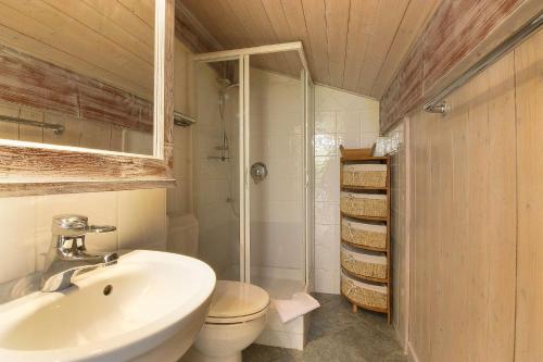 une salle de bain avec un lavabo, des toilettes et une douche dans l'établissement Clos des vorgeats 3 - Téléphérique, Terrain de Folf, Randonnée et Bus à la porte, à Chamonix-Mont-Blanc