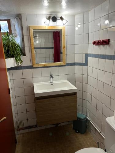 a bathroom with a sink and a mirror and a toilet at Chambres d'hôtes Gîte Saint Roch in Tuchan