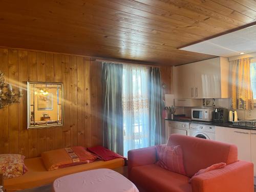 sala de estar con sofá y cocina en Free Spirit Chalet, en Flühli