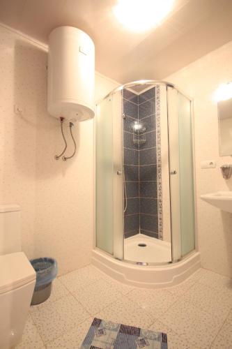 a bathroom with a shower with a glass door at АртГір гостинний двір in Mykulychyn