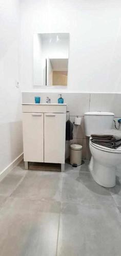 a white bathroom with a toilet and a sink at Hostal Urban Basic in Hospitalet de Llobregat