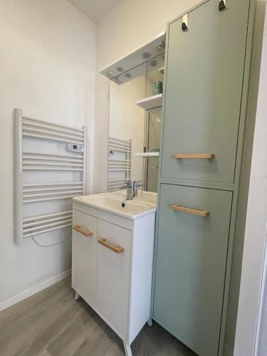 une salle de bain avec un lavabo et un réfrigérateur dans l'établissement Le refuge apt 1 chambre à 2 min à pied de la mer, à Saint-Valery-en-Caux